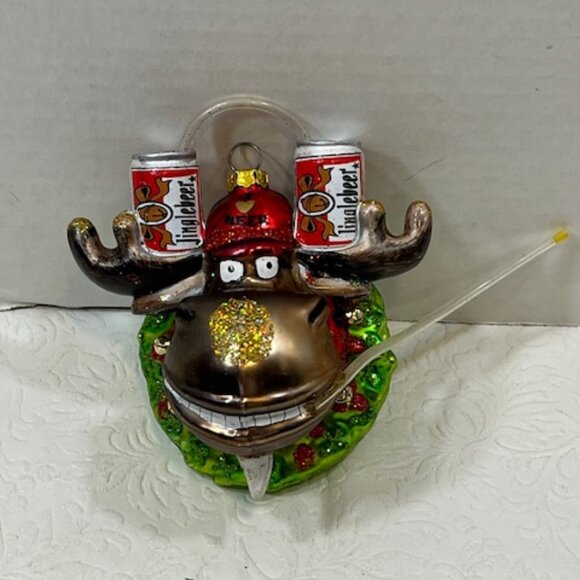 Jingle Beer Moose Head in Wreath Glitter Beer Funnel Glass Christmas Ornament 4" - Picture 3 of 11